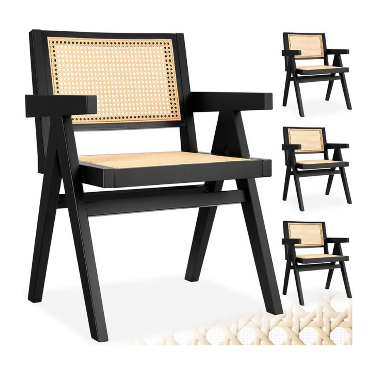 tectake Armlehnstuhl im Bohemian-Stil aus Massivholz und Rattan in Schwarz, B/T/H: 59 x 56,5 x 82,5 cm - Bild 1
