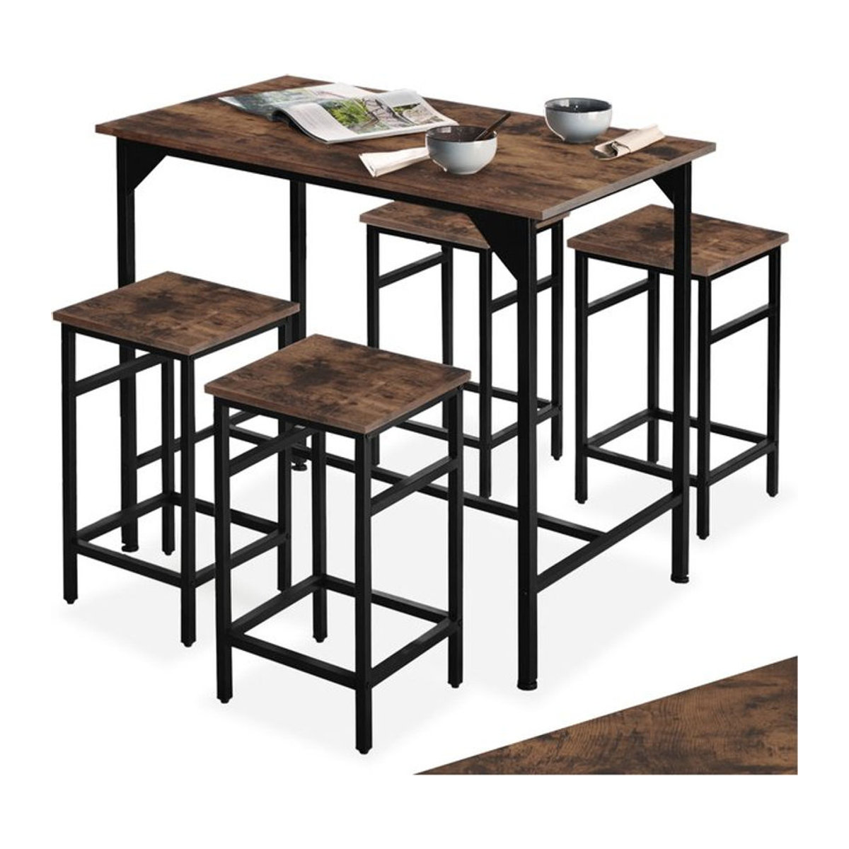 tectake Bartisch-Set 5-teilig im Industrial Style aus Holz und Stahl in Nussbaum mit höhenverstellbaren Kunststofffüßen - Bild 1