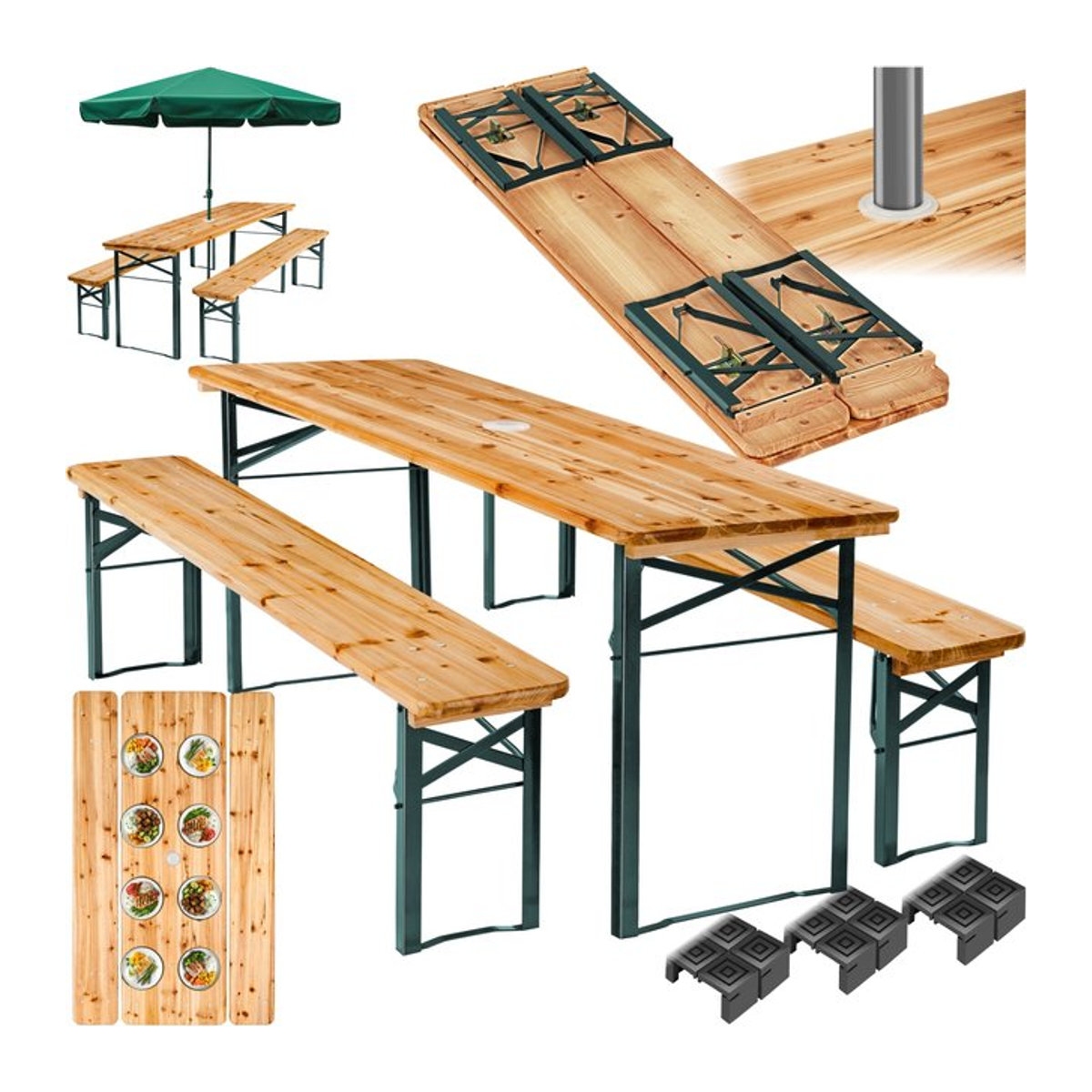 tectake Bierzeltgarnitur 3-teiliges Gartenmöbel-Set aus Holz und Stahl in Natur mit Sonnenschirmhalterung und klappbarem Gestell - Bild 1