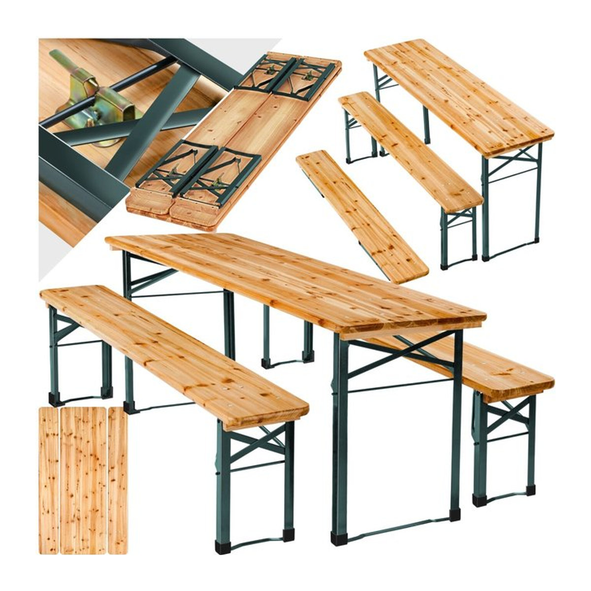 tectake Bierzeltgarnitur 3-teiliges Gartenmöbel-Set aus Massivholz und Metall in Natur/Braun - Bild 1