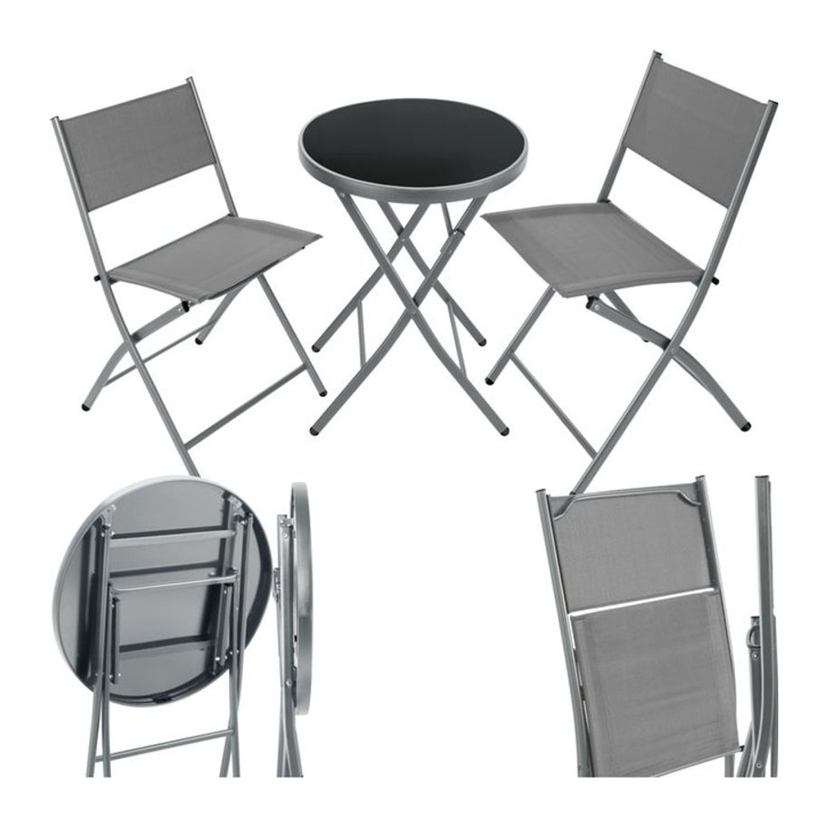 tectake Bistro-Set Gartenmöbel-Set für 2 Personen, klappbar, Grau, Tisch mit Sicherheitsglasplatte und Metallgestell - Bild 1