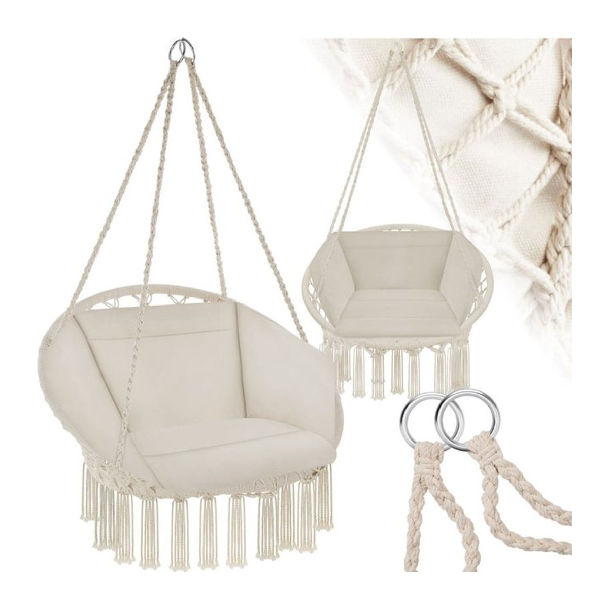 tectake Bohemian Hängesessel in Beige mit Sitz- und Rückenpolster sowie Zierquasten, B/T/H: 80 x 72 x 125 cm - Bild 1