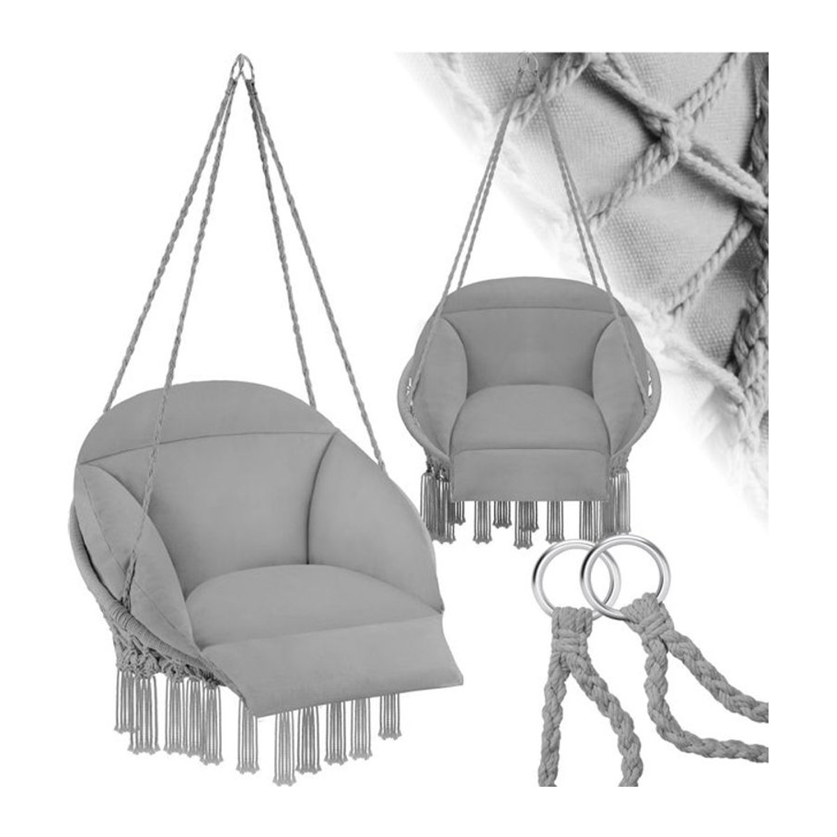 tectake Bohemian Hängesessel in Grau mit dickem Sitzkissen und Zierquasten, B/T/H: 80 x 81 x 139 cm - Bild 1