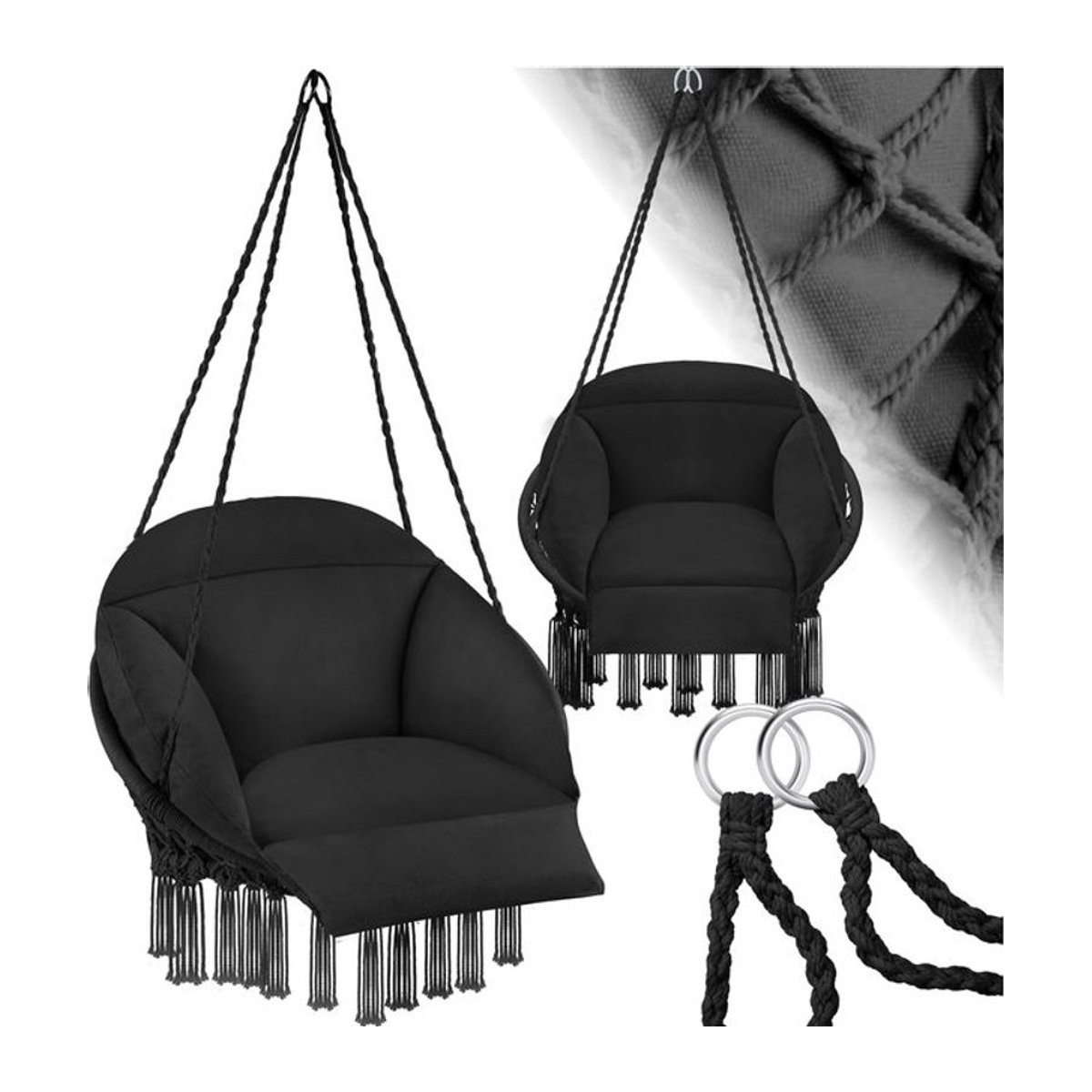 tectake Bohemian Hängesessel in Schwarz mit dickem Sitzkissen und Zierquasten, B/T/H: 80 x 81 x 139 cm - Bild 1