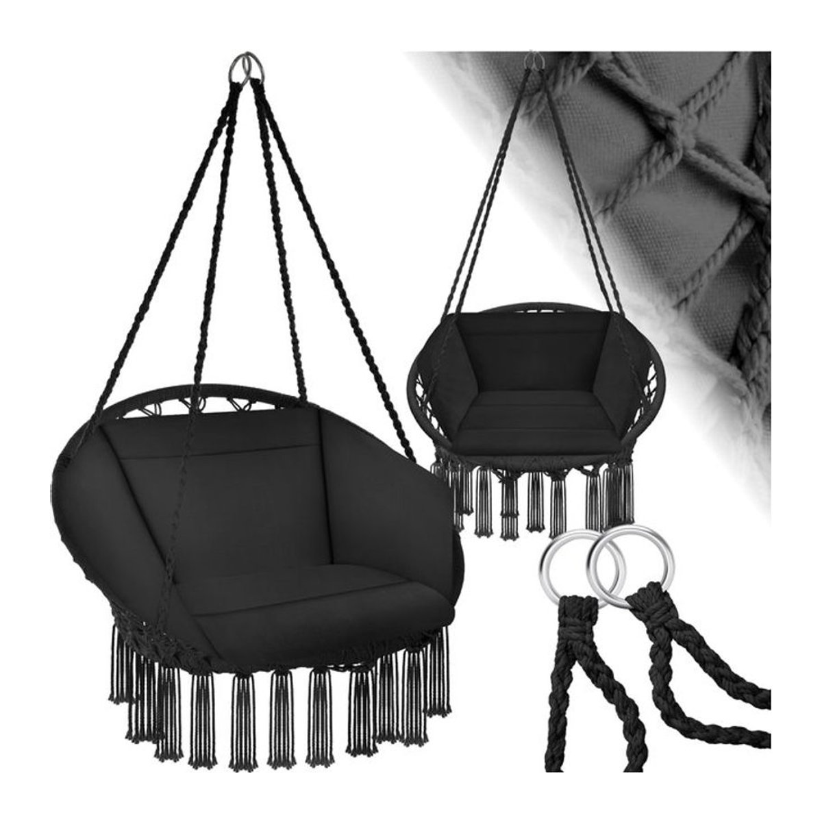 tectake Bohemian Hängesessel in Schwarz mit Sitz- und Rückenpolster sowie Zierquasten, B/T/H: 80 x 72 x 125 cm - Bild 1