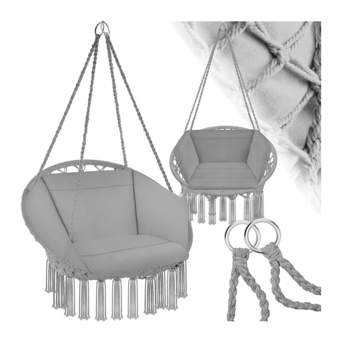 tectake Bohemian Hängesessel mit Sitz- und Rückenpolster sowie großen Zierquasten, B/T/H: 80 x 72 x 125 cm - Bild 1