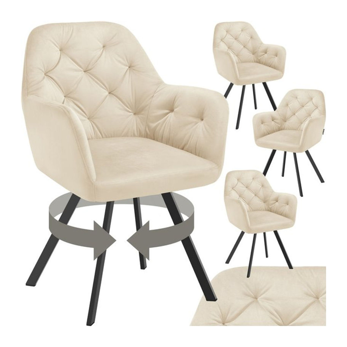 tectake® Drehbarer Samt-Armlehnstuhl in Beige mit Steppmuster und modernen Stahlbeinen, B/T/H: 58 x 58 x 87 cm - Bild 1