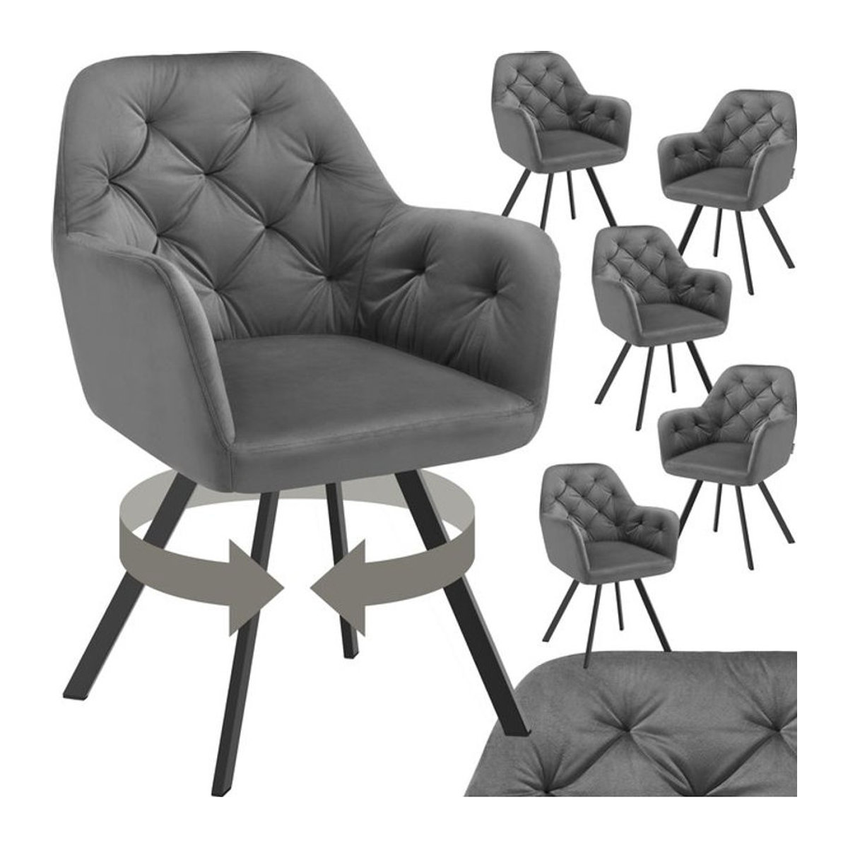 tectake® Drehbarer Samt-Armlehnstuhl in Grau mit Steppmuster und Stahlbeinen, B/T/H: 58 x 58 x 87 cm - Bild 1
