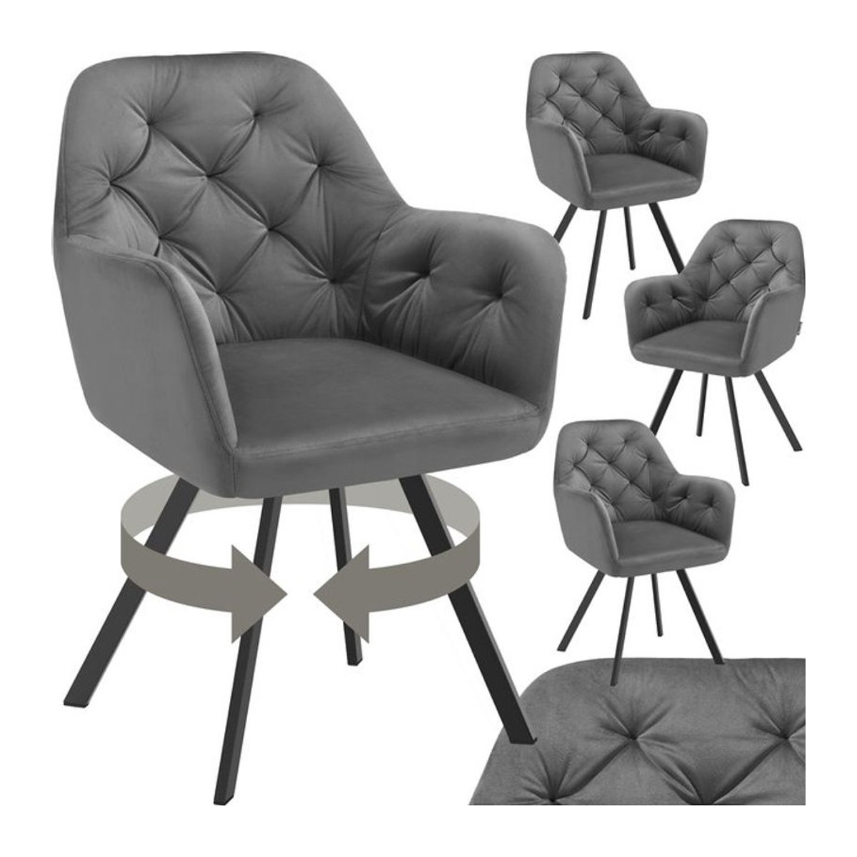 tectake® Drehbarer Samt-Armlehnstuhl in Grau mit Steppmuster und Stahlbeinen, Modern, B/T/H: 58 x 58 x 87 cm - Bild 1
