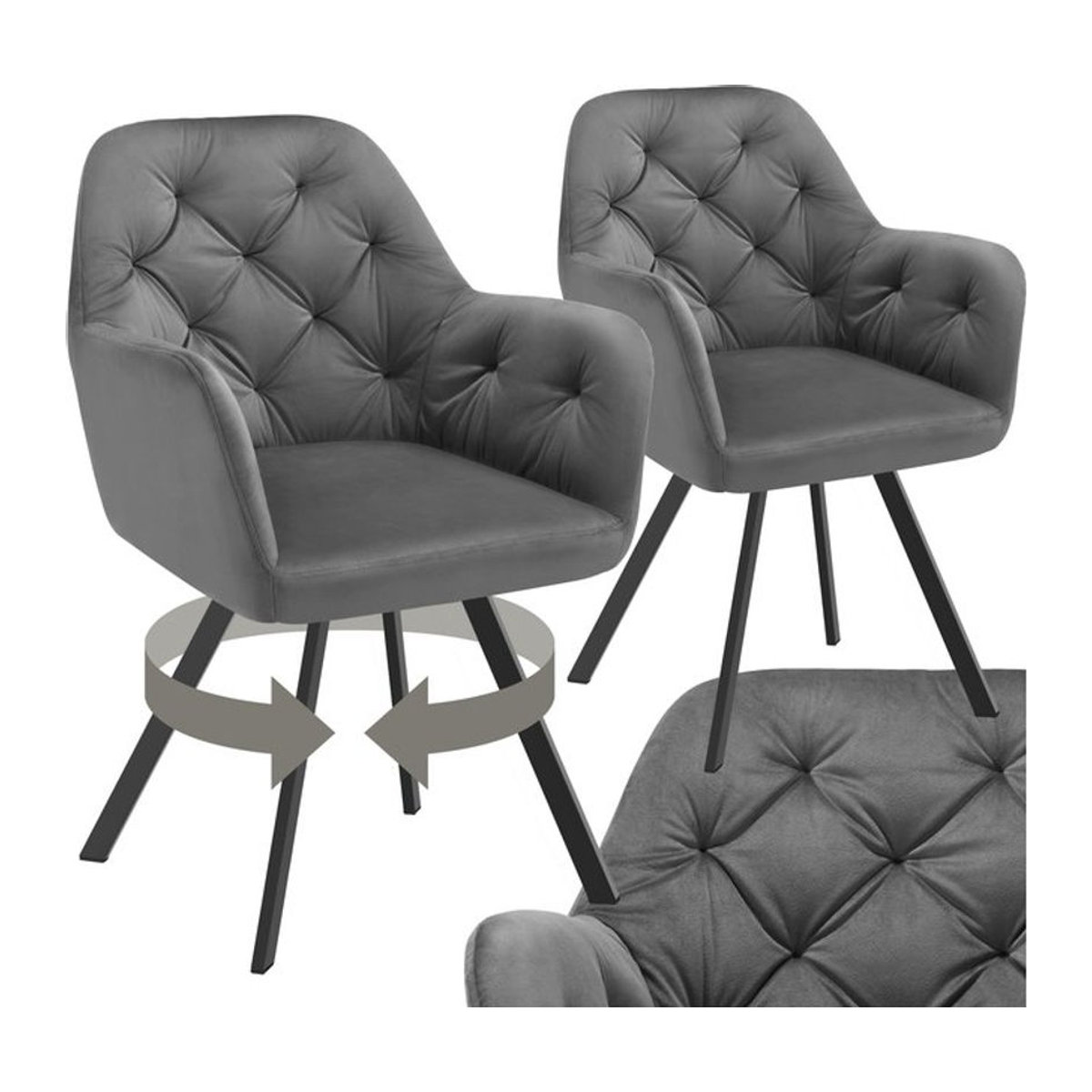 tectake® Drehbarer Samt-Armlehnstuhl in Grau mit Steppmuster und Stahlbeinen, Modern, B/T/H: 58 x 58 x 87 cm - Bild 1
