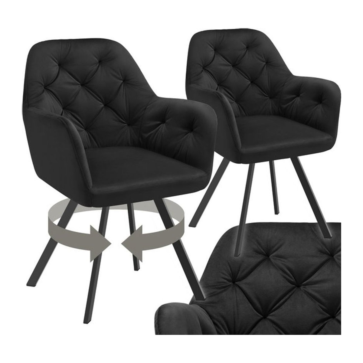 tectake® Drehbarer Samt-Armlehnstuhl in Schwarz mit Steppmuster und Stahlbeinen, B/T/H: 58 x 58 x 87 cm - Bild 1