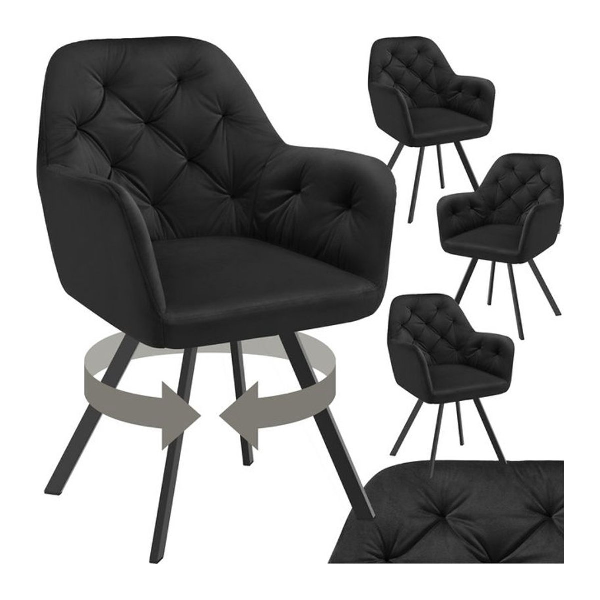 tectake® Drehbarer Samt-Armlehnstuhl in Schwarz mit Steppmuster und Stahlbeinen, Modern, B/T/H: 58 x 58 x 87 cm - Bild 1