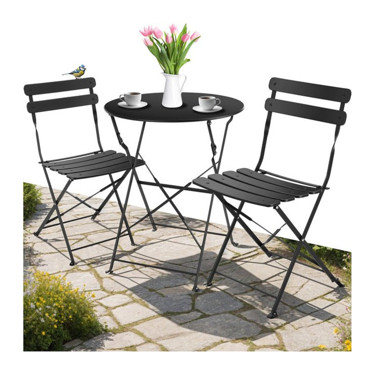 tectake Essgruppe Gartenmöbel-Set für 2 Personen in Schwarz aus Metall mit minimalistischem Design - Bild 1