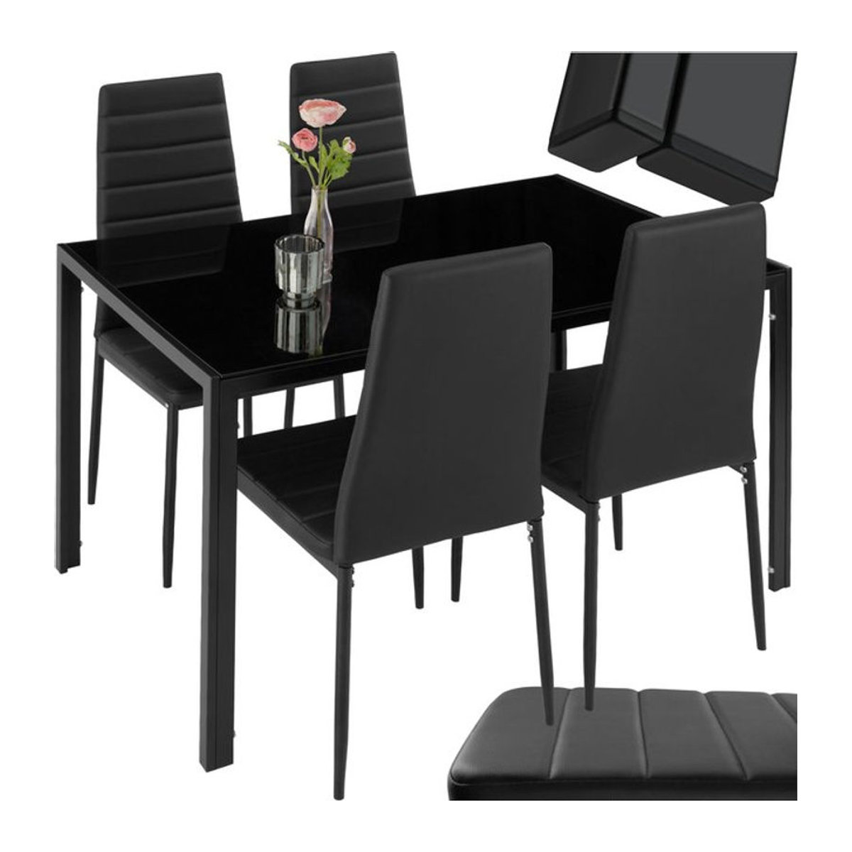 tectake Esszimmergruppe 5-teilig in Schwarz, modern gepolstert mit Kunstlederbezug - Bild 1