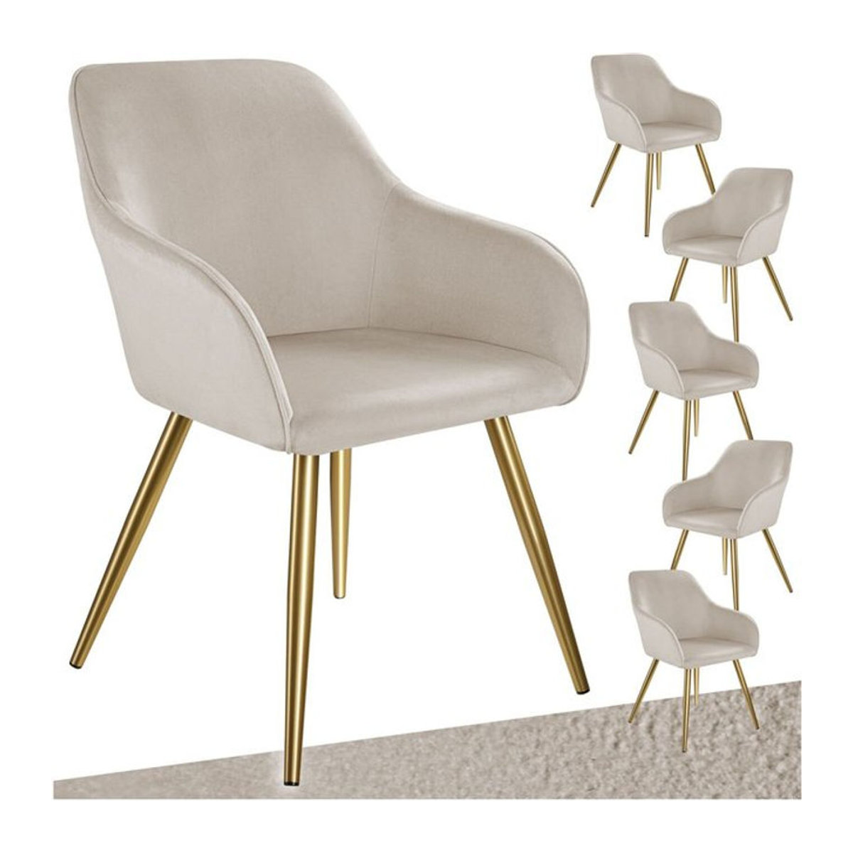 tectake Esszimmerstuhl als Armlehnenstuhl in Beige mit Samtoptik und Metallbeinen, B/T/H: 58 x 62 x 82 cm - Bild 1