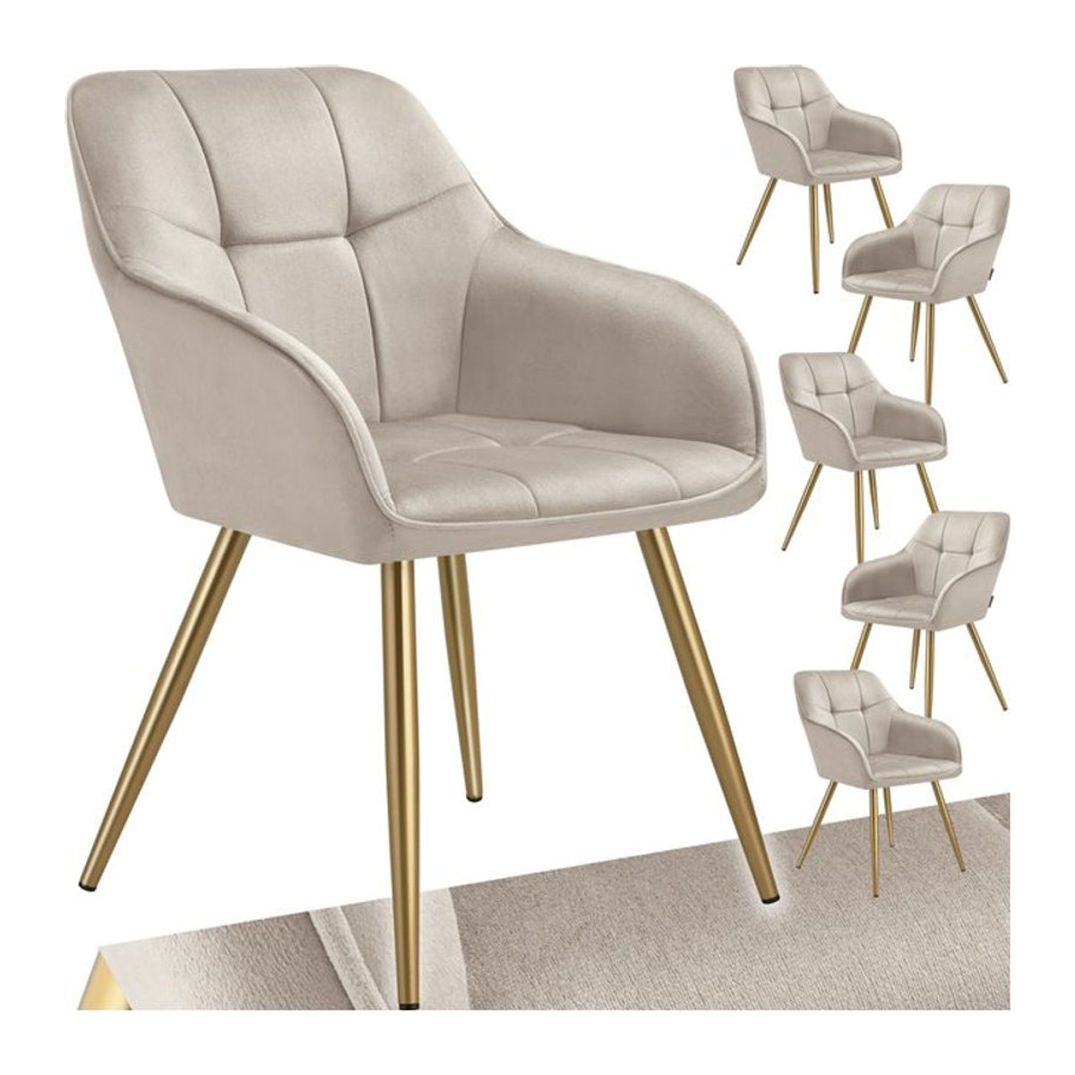 tectake Esszimmerstuhl in Samtoptik mit gesteppter Polsterung und goldenen Metallbeinen, Beige, B: 58 cm, T: 62 cm, H: 82 cm - Bild 1