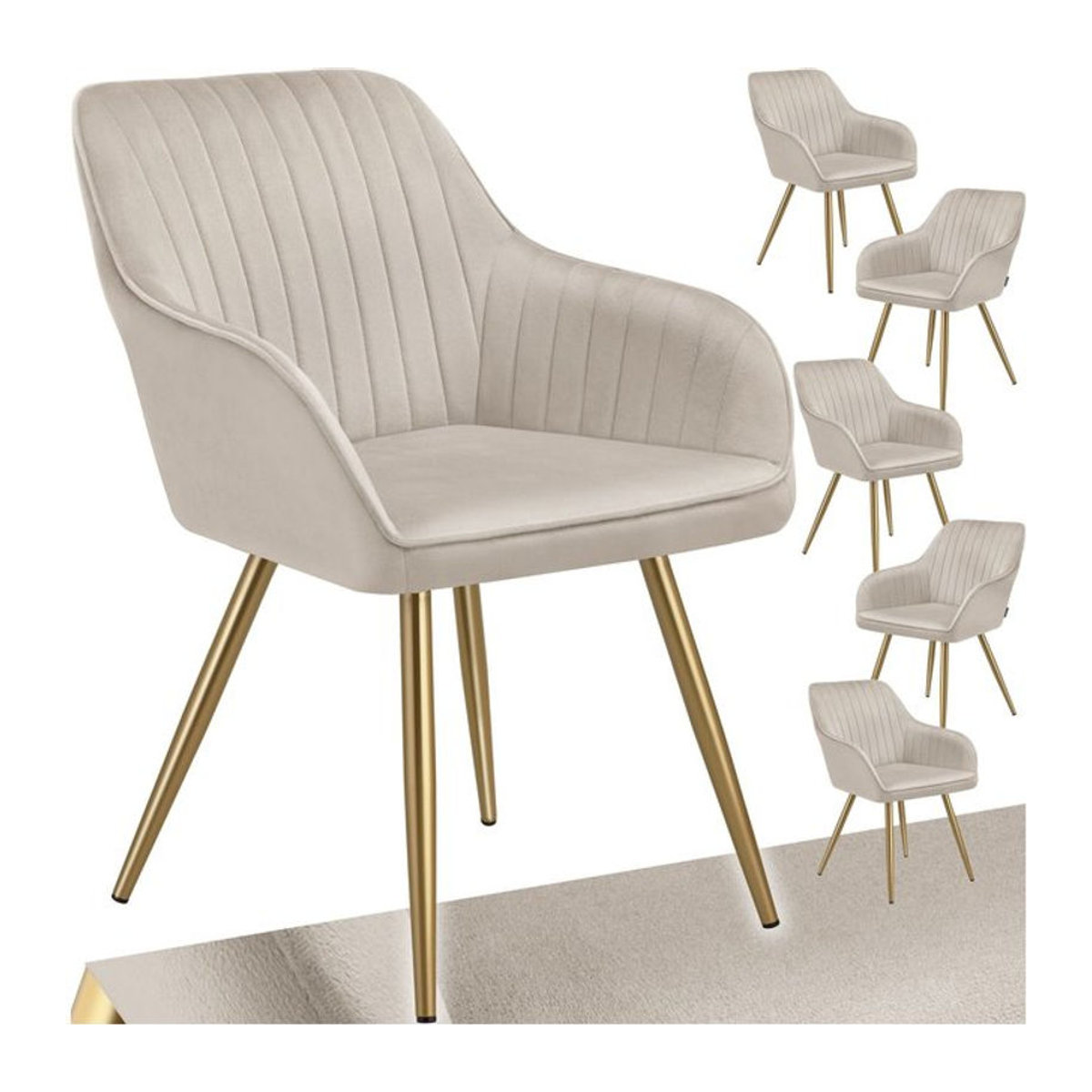 tectake Esszimmerstuhl in Samtoptik mit gesteppter Polsterung und goldenen Stahlbeinen, Beige, B/T/H: 58 x 62 x 82 cm - Bild 1