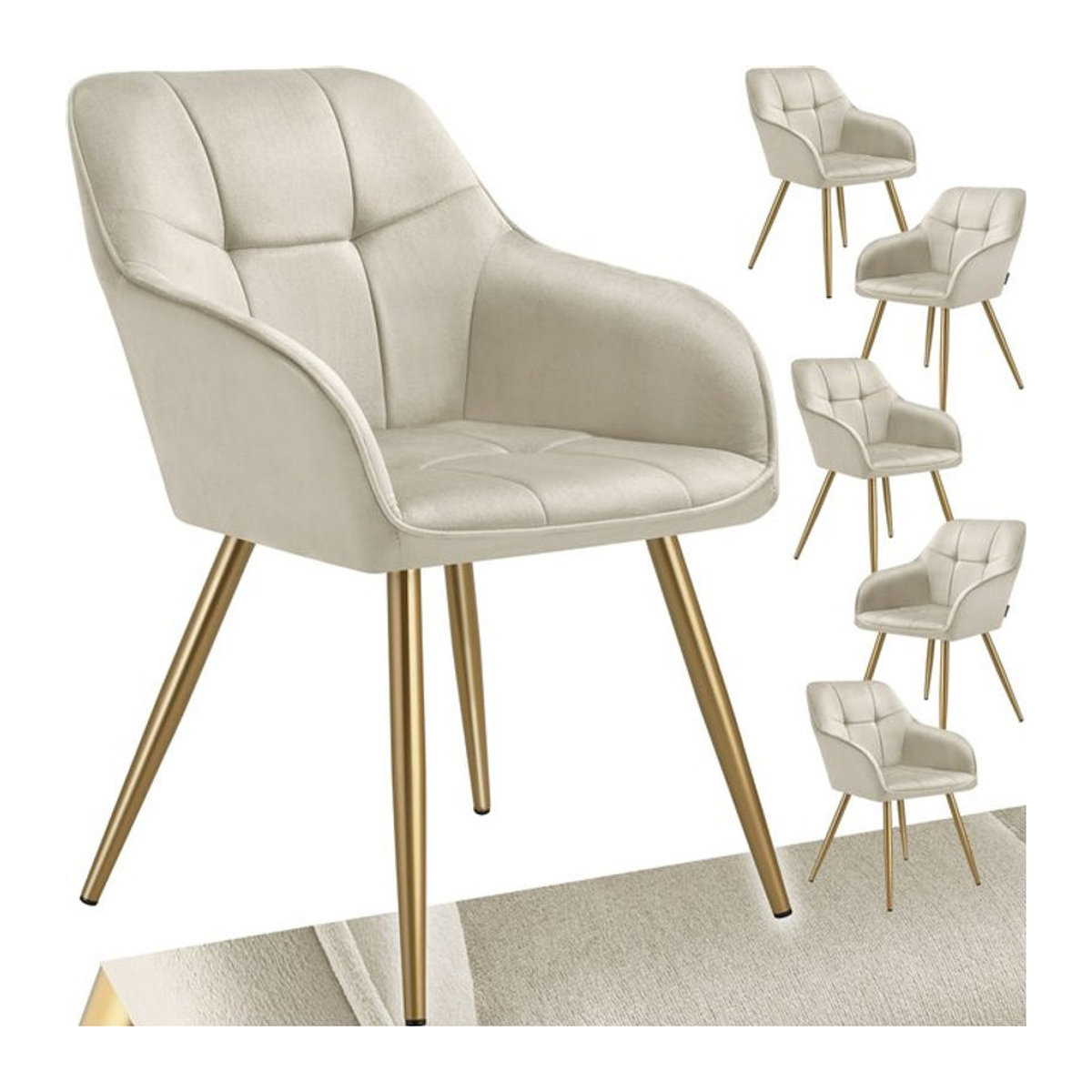 tectake Esszimmerstuhl in Samtoptik mit gesteppter Polsterung und goldenen Stahlbeinen, Beige, B/T/H: 58 x 62 x 82 cm - Bild 1