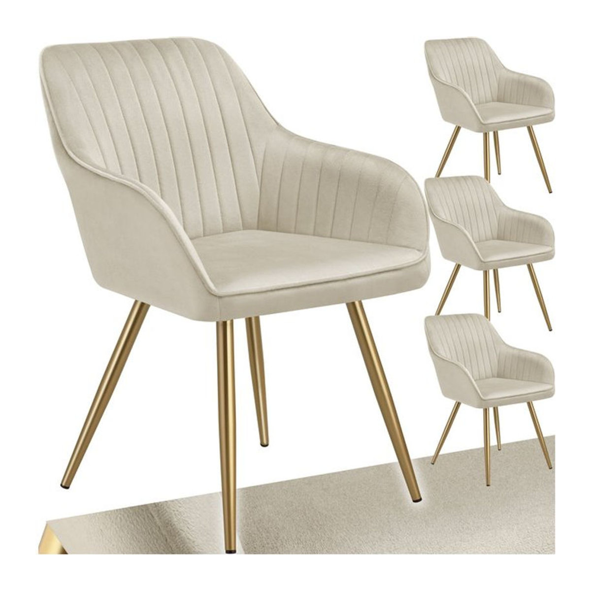 tectake Esszimmerstuhl in Samtoptik mit gesteppter Polsterung und goldenen Stahlbeinen, Beige, B/T/H: 58 x 62 x 82 cm - Bild 1