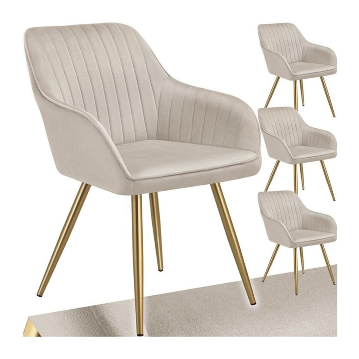 tectake Esszimmerstuhl modern, gepolstert in Samtoptik, gesteppt, Beige, mit goldenen Stahlbeinen, B/T/H: 58 x 62 x 82 cm - Bild 1