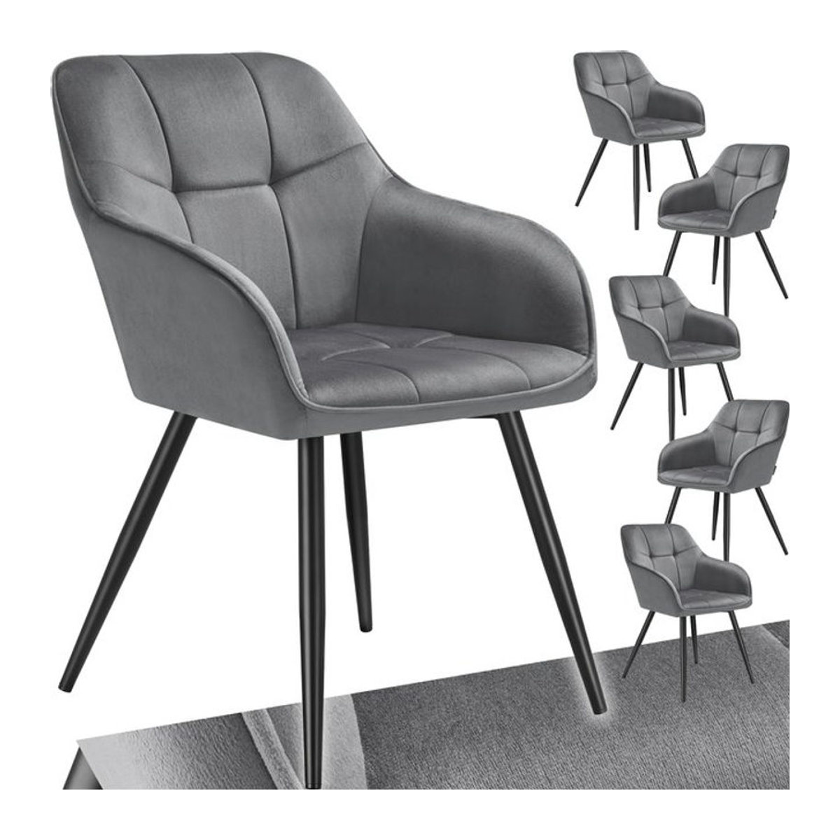 tectake Esszimmerstuhl Modern in Samtoptik Grau mit Metallbeinen, B/T/H: 58 x 62 x 82 cm - Bild 1