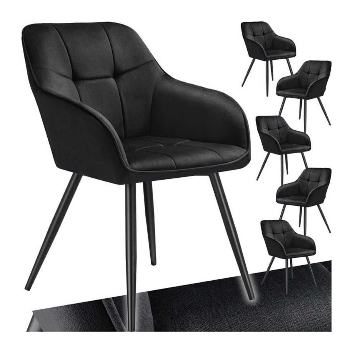 tectake Esszimmerstuhl Modern in Samtoptik mit gesteppter Polsterung und Metallbeinen, Schwarz, B/T/H: 58 x 62 x 82 cm - Bild 1