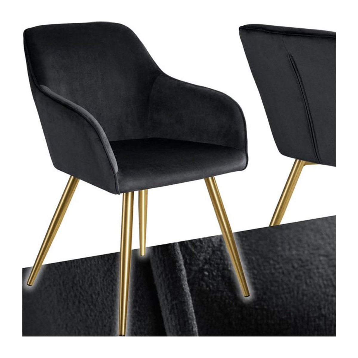 tectake Esszimmerstuhl Polsterstuhl in Samtoptik mit Metallbeinen, Schwarz, B: 58 cm, T: 62 cm, H: 82 cm - Bild 1
