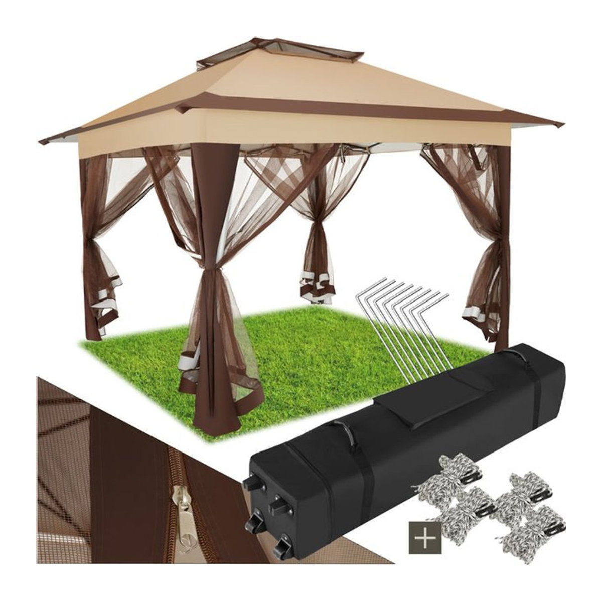 tectake Faltpavillon mit 4 abnehmbaren Moskitonetz-Seitenteilen inklusive Spannseilen, Heringen und Transporttasche, B/T/H: 3,64 x 3,64 x 2,94 m - Bild 1