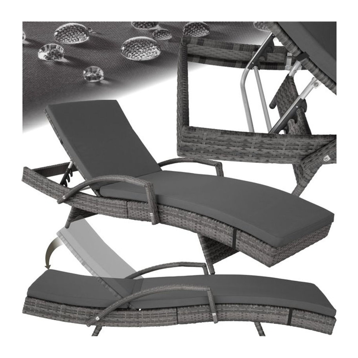 tectake Gartenliege aus Aluminium und Polyrattan in Grau mit abnehmbarer Polsterauflage, B/H/T: 190 x 34 – 74,5 x 71 cm - Bild 1