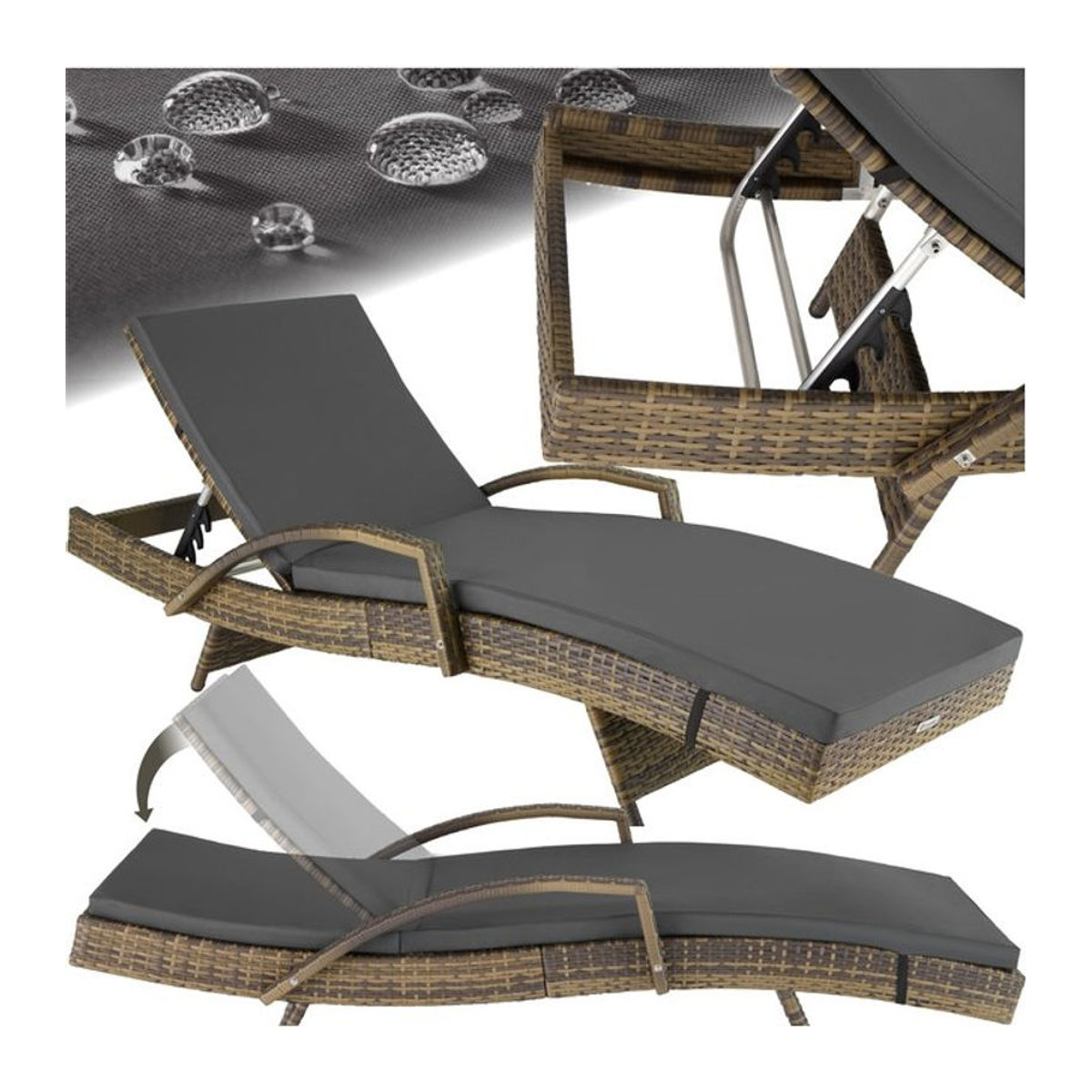 tectake Gartenliege aus Polyrattan und Aluminium in Grau mit abnehmbarer Polsterauflage, B/H/T: 190 x 34 – 74,5 x 71 cm - Bild 1