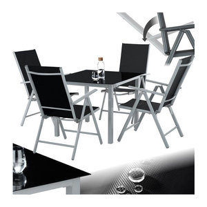 tectake Gartenmöbel-Set aus Aluminium in Schwarz mit Textilene-Gewebe und Tisch mit Sicherheitsglasplatte