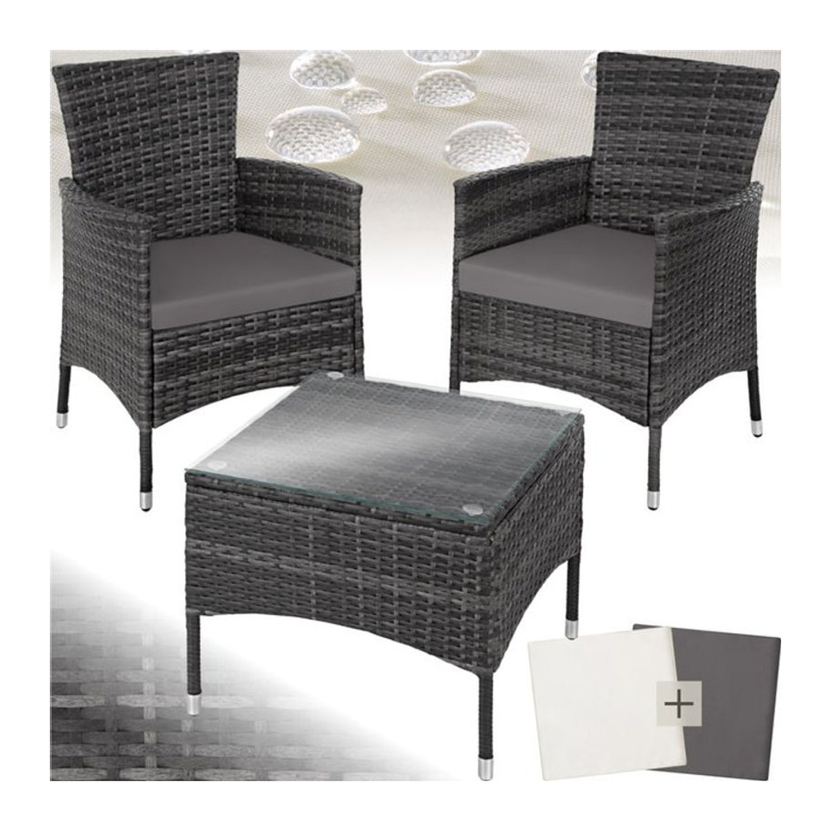 tectake Gartenmöbel-Set aus Polyrattan für 2 Personen in Anthrazit mit Glastisch - Bild 1
