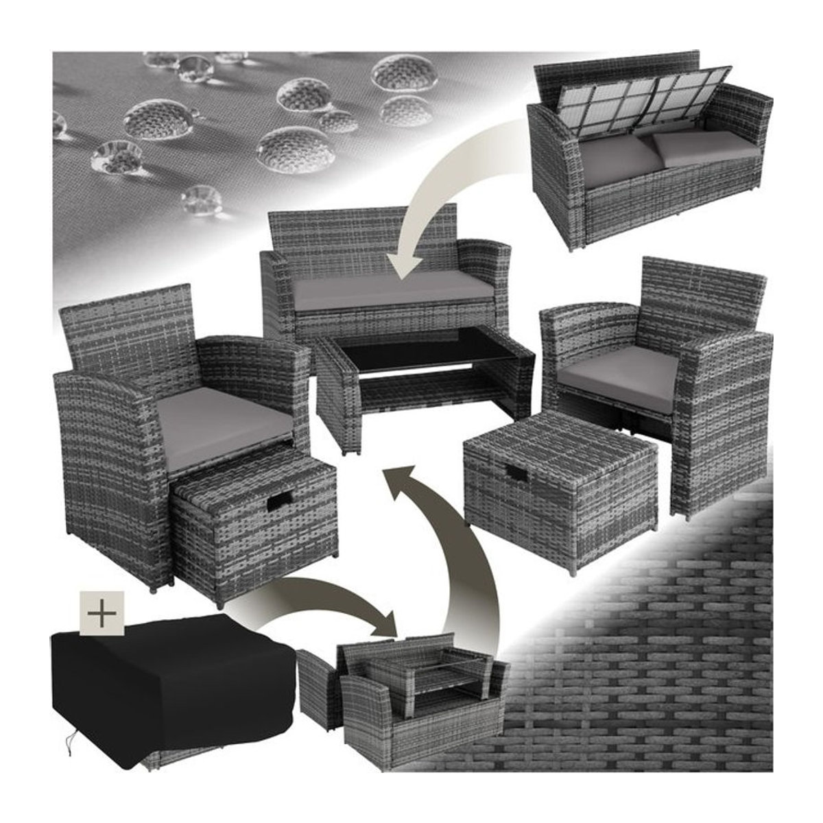 tectake Gartenmöbel-Set aus Polyrattan in Grau für 4 bis 6 Personen mit Staufach und Schutzhülle - Bild 1