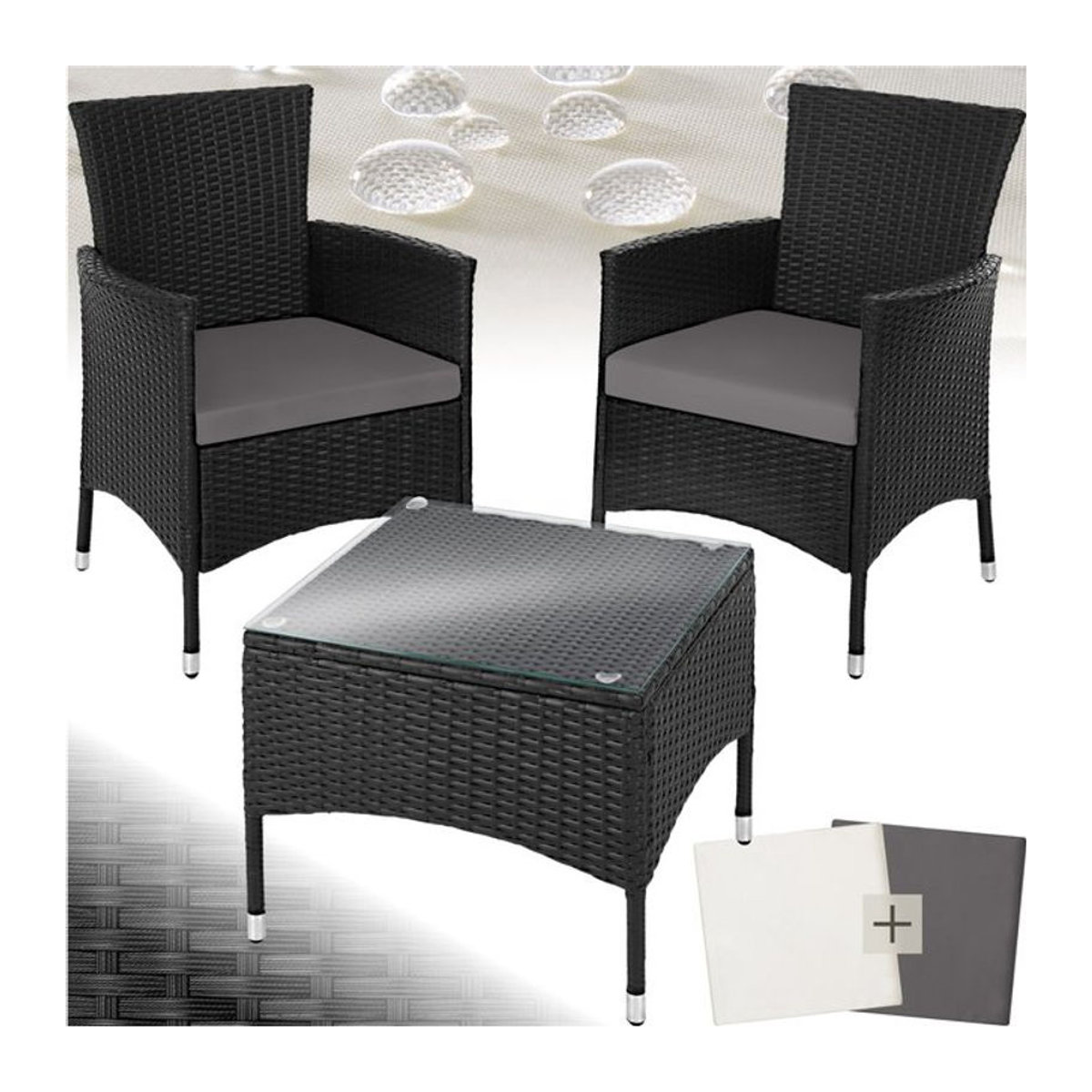 tectake Gartenmöbel-Set aus Polyrattan und Glas für 2 Personen in Schwarz mit 2 Bezugssets - Bild 1