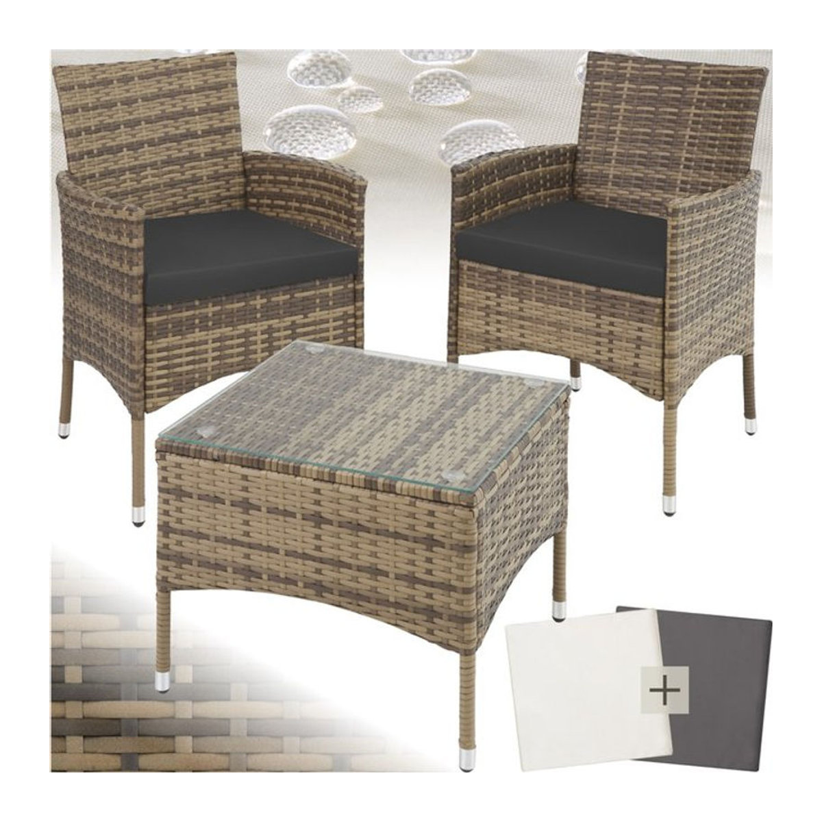 tectake Gartenmöbel-Set aus Polyrattan und Glas in Braun für 2 Personen mit 2 Bezugssets - Bild 1
