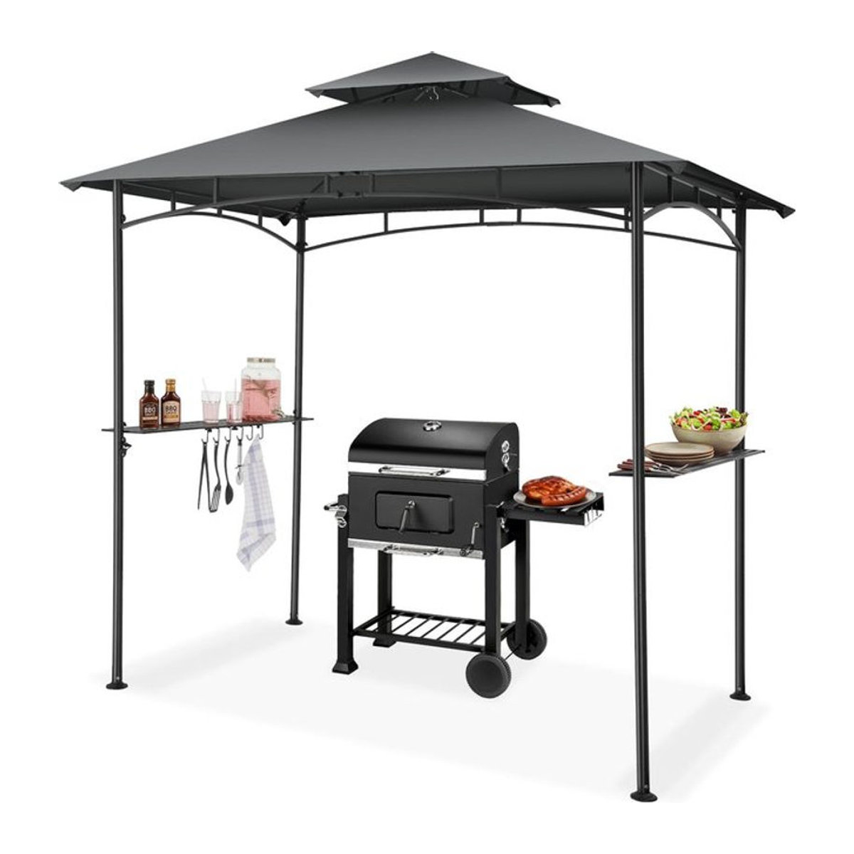 tectake Grillpavillon wetterfest mit UV-Schutz und seitlichen Gitterablagen in Schwarz, B/T/H: 240 x 150 x 250 cm - Bild 1