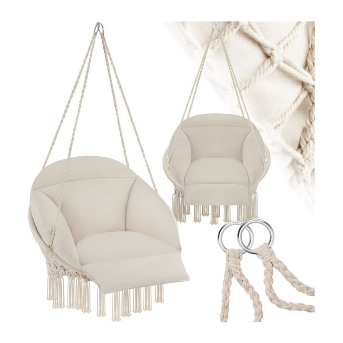 tectake Hängesessel mit dickem Sitzkissen und Zierquasten in Beige, B/T/H: 80 x 81 x 139 cm - Bild 1