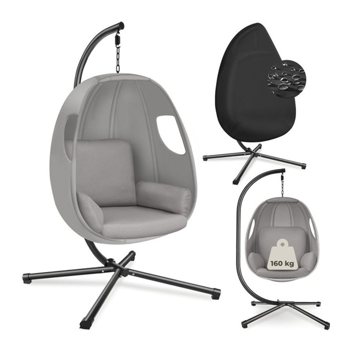 tectake Hängesessel Modern in Grau mit extra dickem Sitzkissen, 360 Grad drehbar, Belastbarkeit 160 kg, inklusive Schutzhülle, B/T/H: 100 x 97 x 201 cm - Bild 1