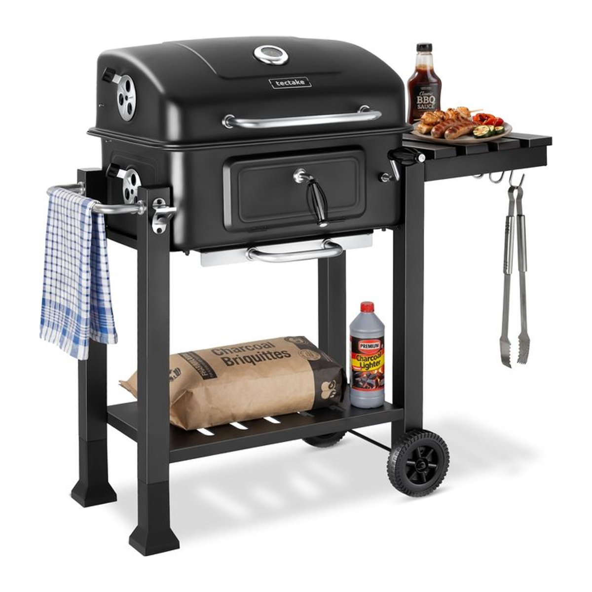 tectake Holzkohlegrill in Schwarz mit höhenverstellbarer Holzkohlewanne, Ascheschublade und unterer Gitterablage, B/T/H: 110 x 64 x 104 cm - Bild 1