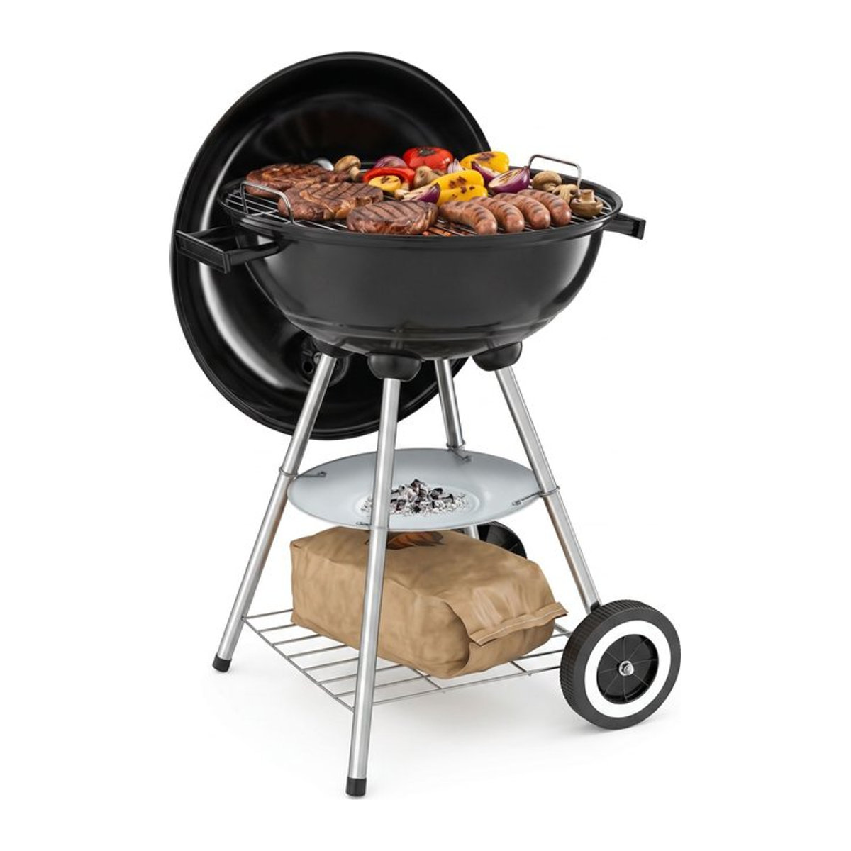 tectake Kugelgrill in Schwarz mit Chrom-Details, 2 Rädern und abnehmbarer Ascheschale, Rost-Durchmesser: 41,5 cm - Bild 1