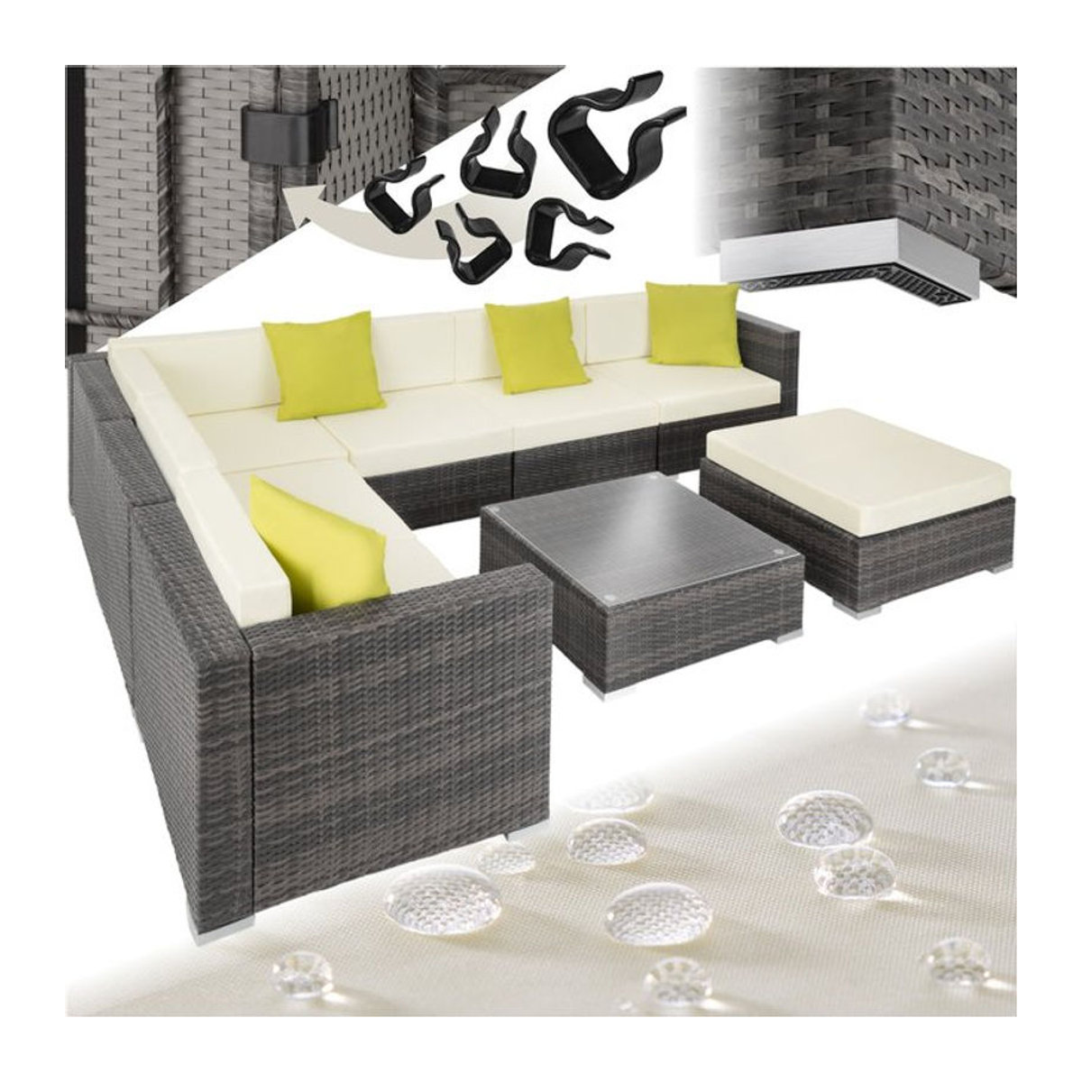 tectake Loungemöbel Set aus Aluminium und Polyrattan in Grau mit Sicherheitsglasplatte und Kissen - Bild 1