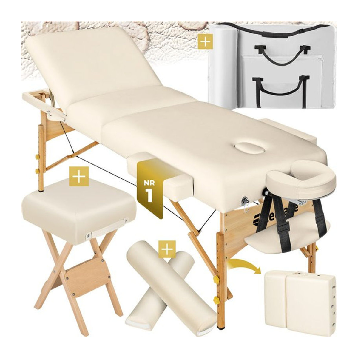 tectake Massageliege-Set 3 Zonen in Beige mit Holzgestell und 10 cm Polsterung, B/T/H: 218 x 102 x 90 cm, Breite: 70 cm - Bild 1