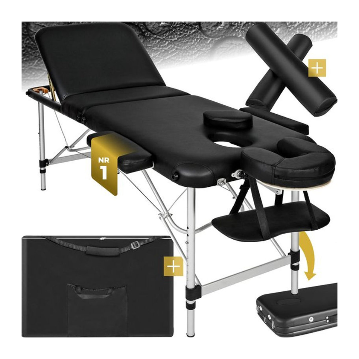 tectake Massageliege-Set 3 Zonen in Schwarz mit Aluminiumgestell und 5 cm Polsterung, H x B x T: 89 x 95 x 210 cm - Bild 1