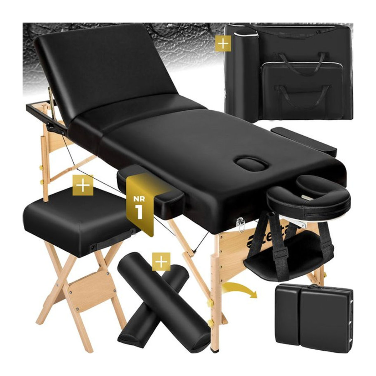 tectake Massageliege-Set mit 3 Zonen und Holzgestell in Schwarz, B/T/H: 218 x 102 x 90 cm, Breite: 70 cm, Polsterung: 10 cm - Bild 1