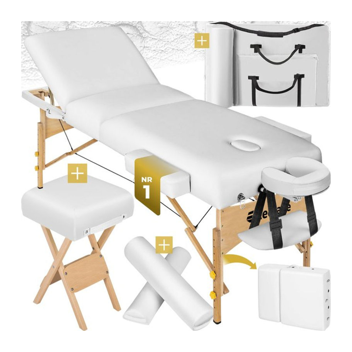 tectake Massageliege-Set mit 3 Zonen und Holzgestell in Weiß, B/T/H: 218 x 102 x 90 cm, Breite: 70 cm, Polsterung: 10 cm - Bild 1