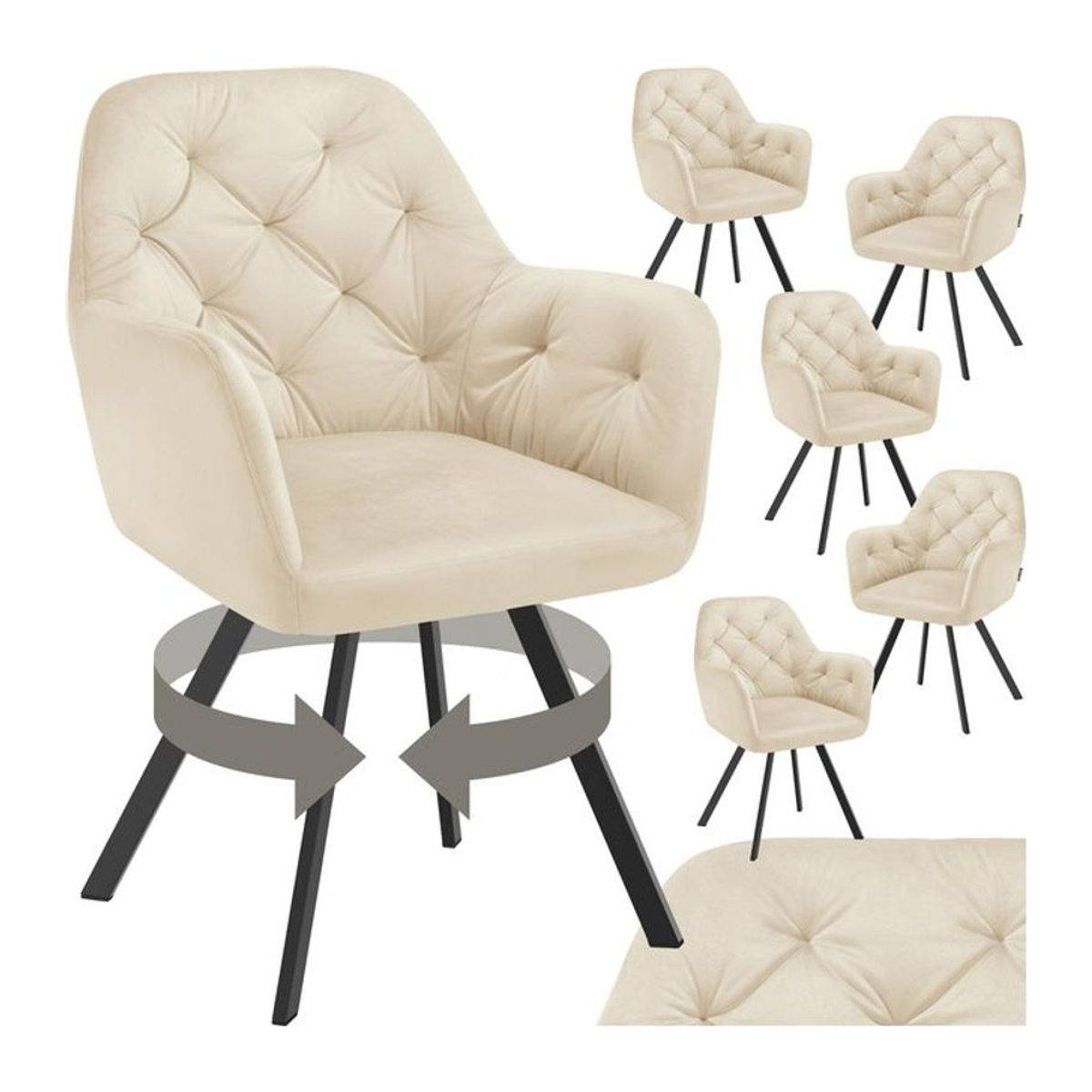 tectake Modern Drehbarer Samt-Armlehnstuhl mit Steppmuster in Beige, B/T/H: 58 x 58 x 87 cm - Bild 1