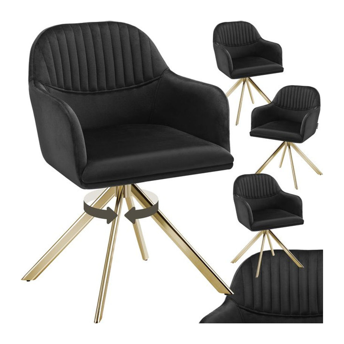 tectake Modern Polsterstuhl aus Samt in Schwarz, 360 Grad drehbar mit Stahlbeinen, B/T/H: 56 x 59 x 81 cm - Bild 1