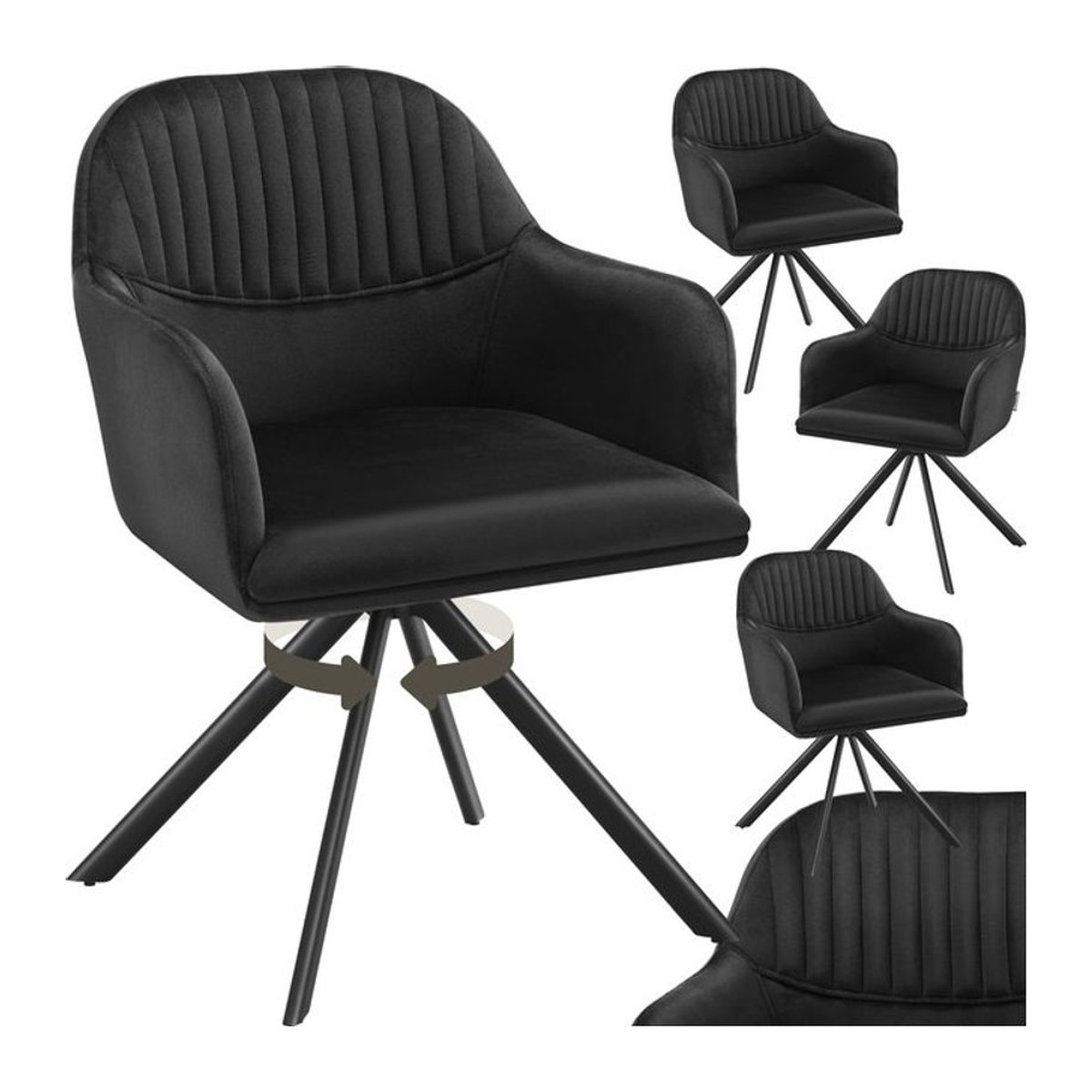 tectake Modern Samt-Drehstuhl in Schwarz, gepolsterter Polsterstuhl mit Stahlbeinen, B/T/H: 56 x 59 x 81 cm - Bild 1