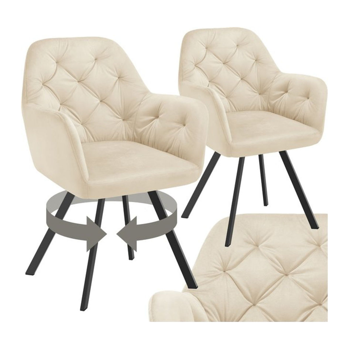 tectake Moderner Drehbarer Samt-Armlehnstuhl mit Steppmuster in Beige mit Stahlbeinen B/T/H: 58 x 58 x 87 cm - Bild 1