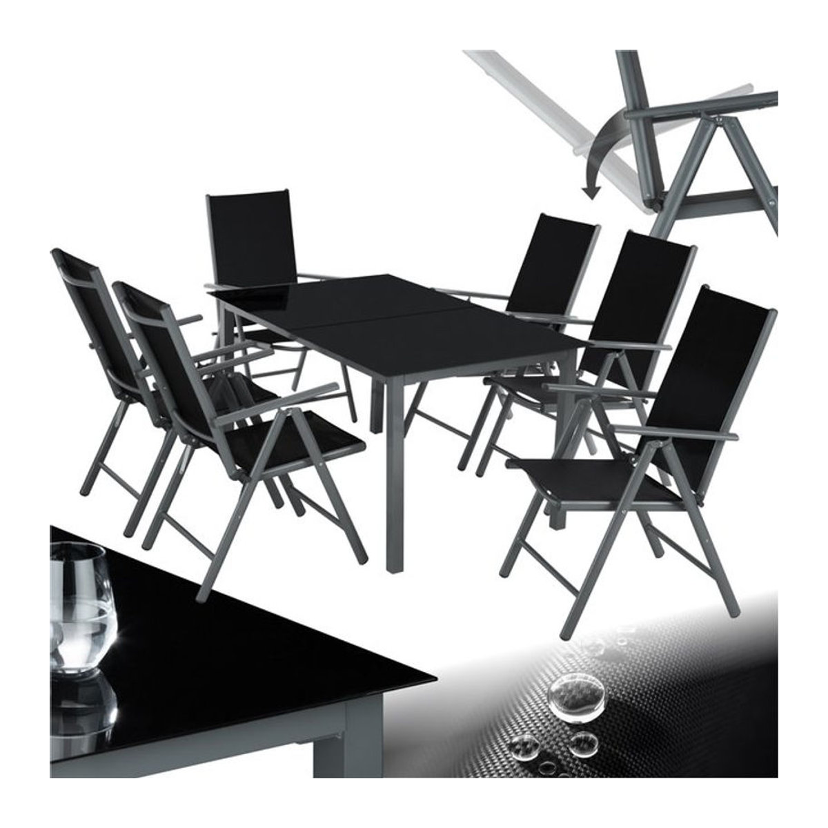 tectake Modernes Gartenmöbel-Set aus Aluminium in Schwarz für 6 Personen mit Glastisch - Bild 1